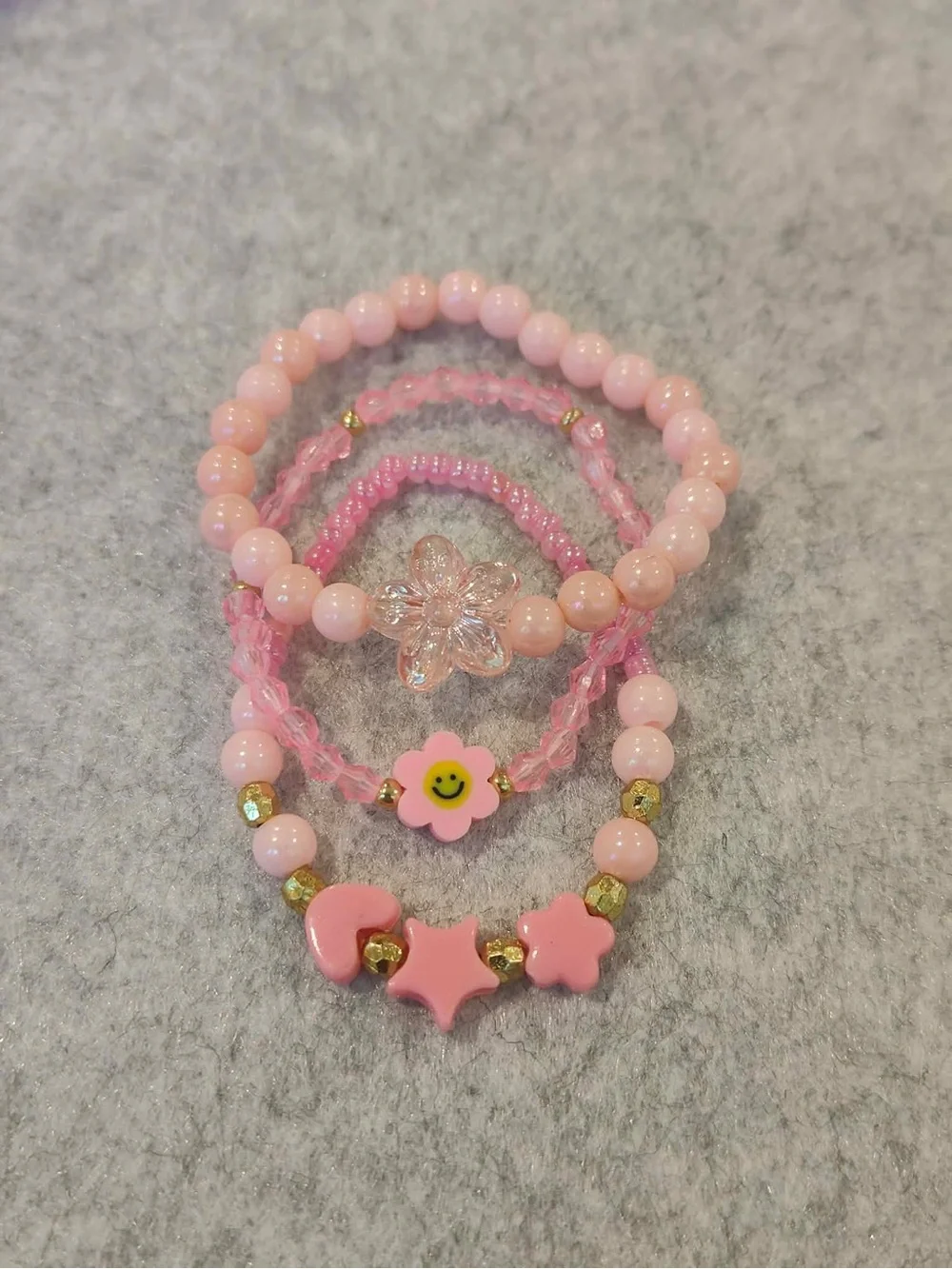 Kids Pink Beaded Flower & Smile Bracelet Set